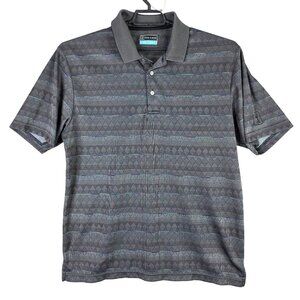 Mens PGA Tour Gray & Blue Geometric Striped Polo Shirt Short Sleeve Size XL